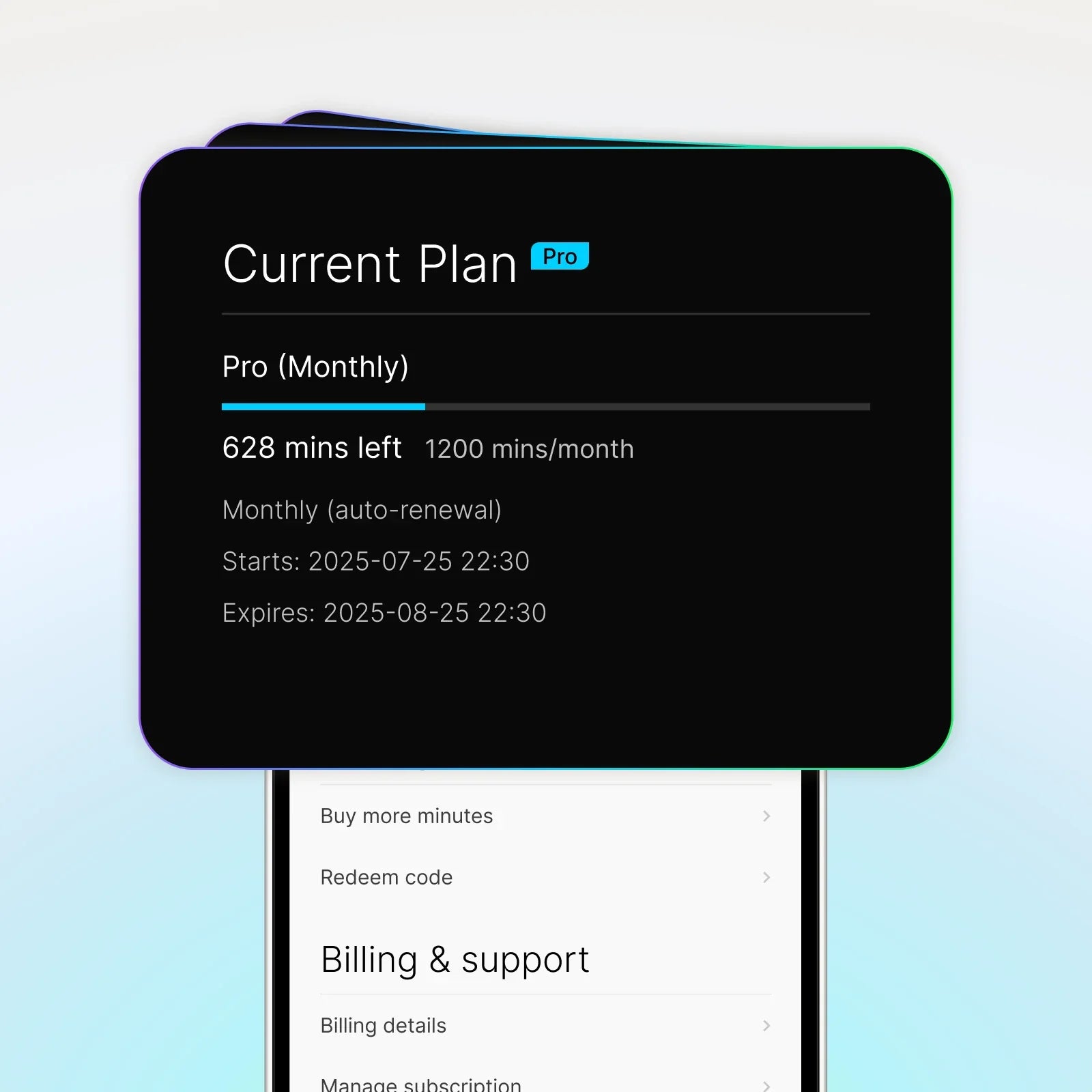 Plaud App screen showing Plaud Pro Plan status with 628 minutes left of a 1200-minute monthly quota.