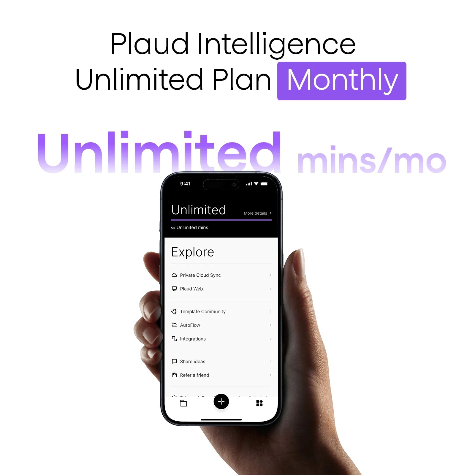 Plaud Intelligence Unlimited Plan Monthly offering unlimited minutes per month on the Plaud App.