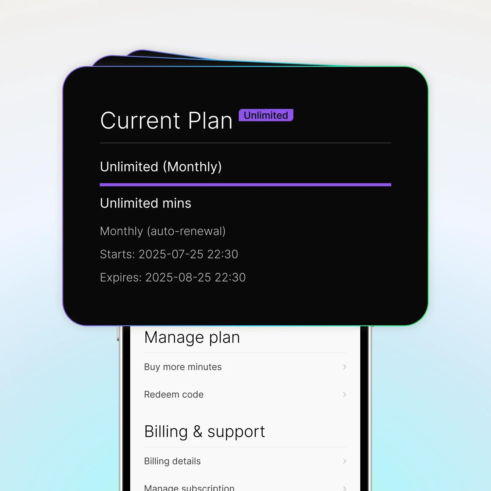 Plaud App UI displaying the Plaud Unlimited Plan with monthly auto-renewal and billing management options.