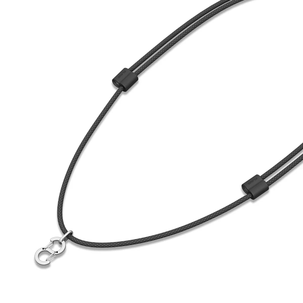 A black braided lanyard with two black adjusters and a silver-colored clasp, designed to hold a Plaud device.