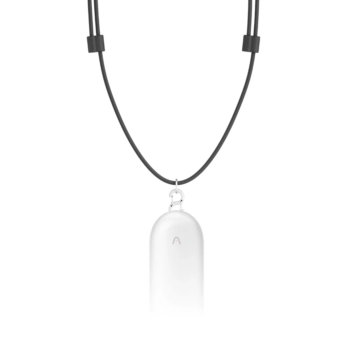 A white Plaud NotePin, a capsule-shaped AI voice recorder, hangs from a black lanyard against a clean white background.