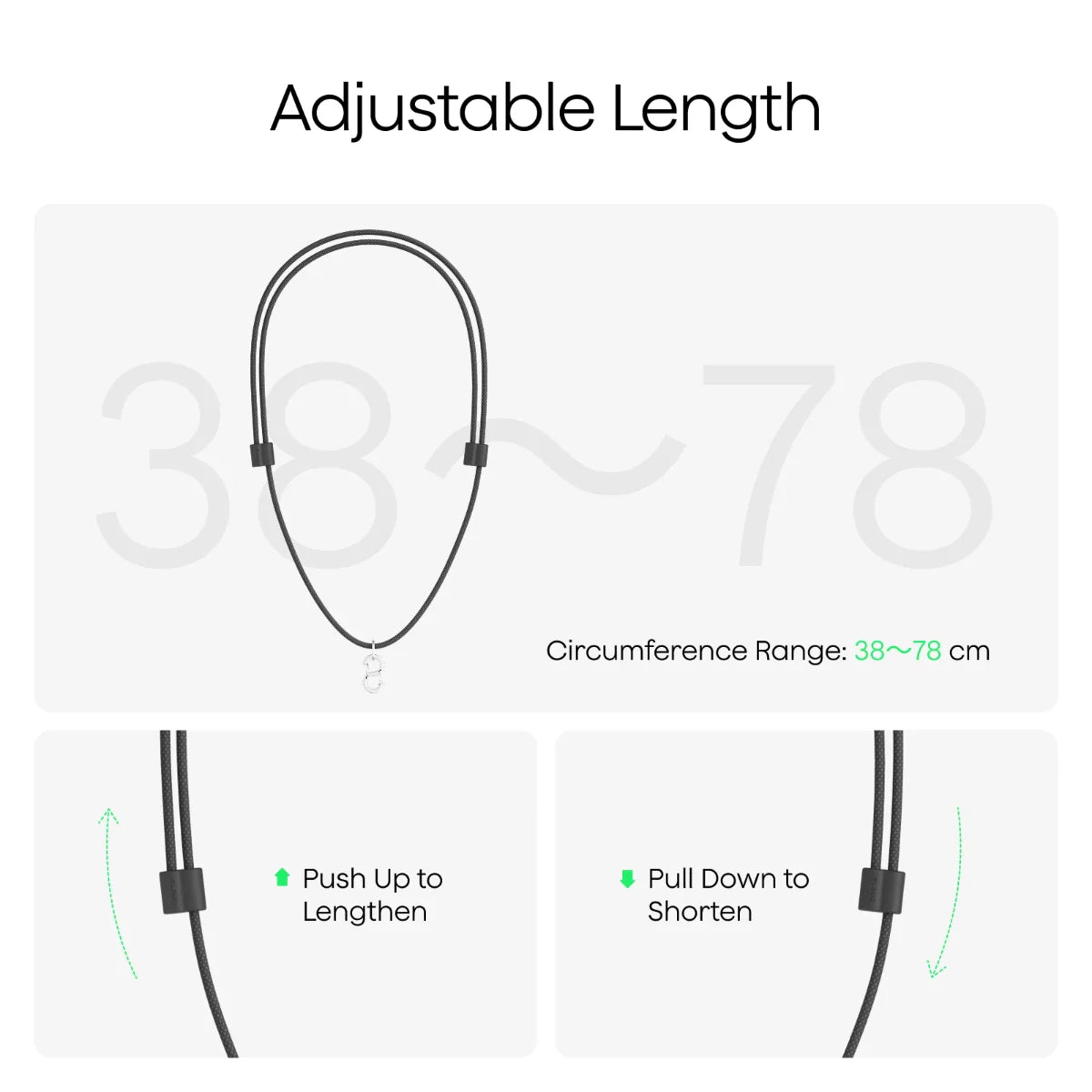Diagram shows a black adjustable lanyard with a silver clip, demonstrating how to lengthen and shorten it for a 38-78 cm circ