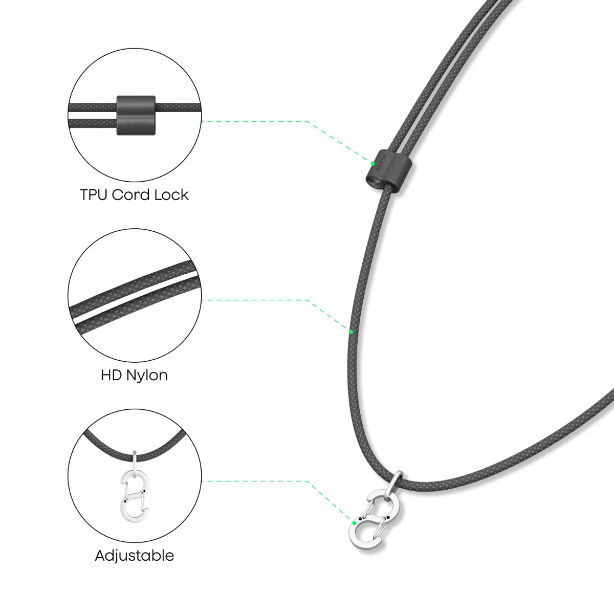A black braided nylon lanyard with an adjustable silver-colored clasp is shown, detailed with callouts for 'TPU Cord Lock' an