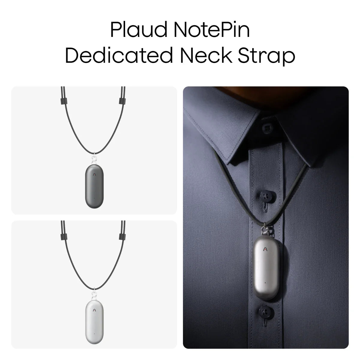 Two Plaud NotePins, one dark gray and one silver, are displayed with a black neck strap, one worn over a dark gray shirt.