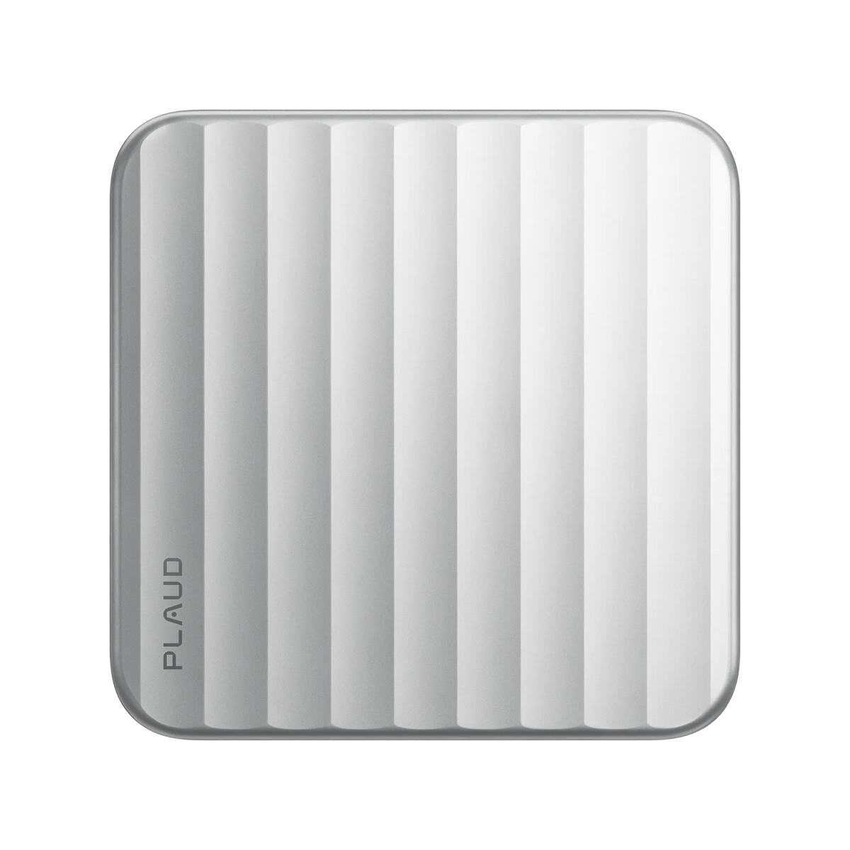 The silver, vertically ribbed lid of the Plaud One charging case displays the Plaud logo on its left edge.
