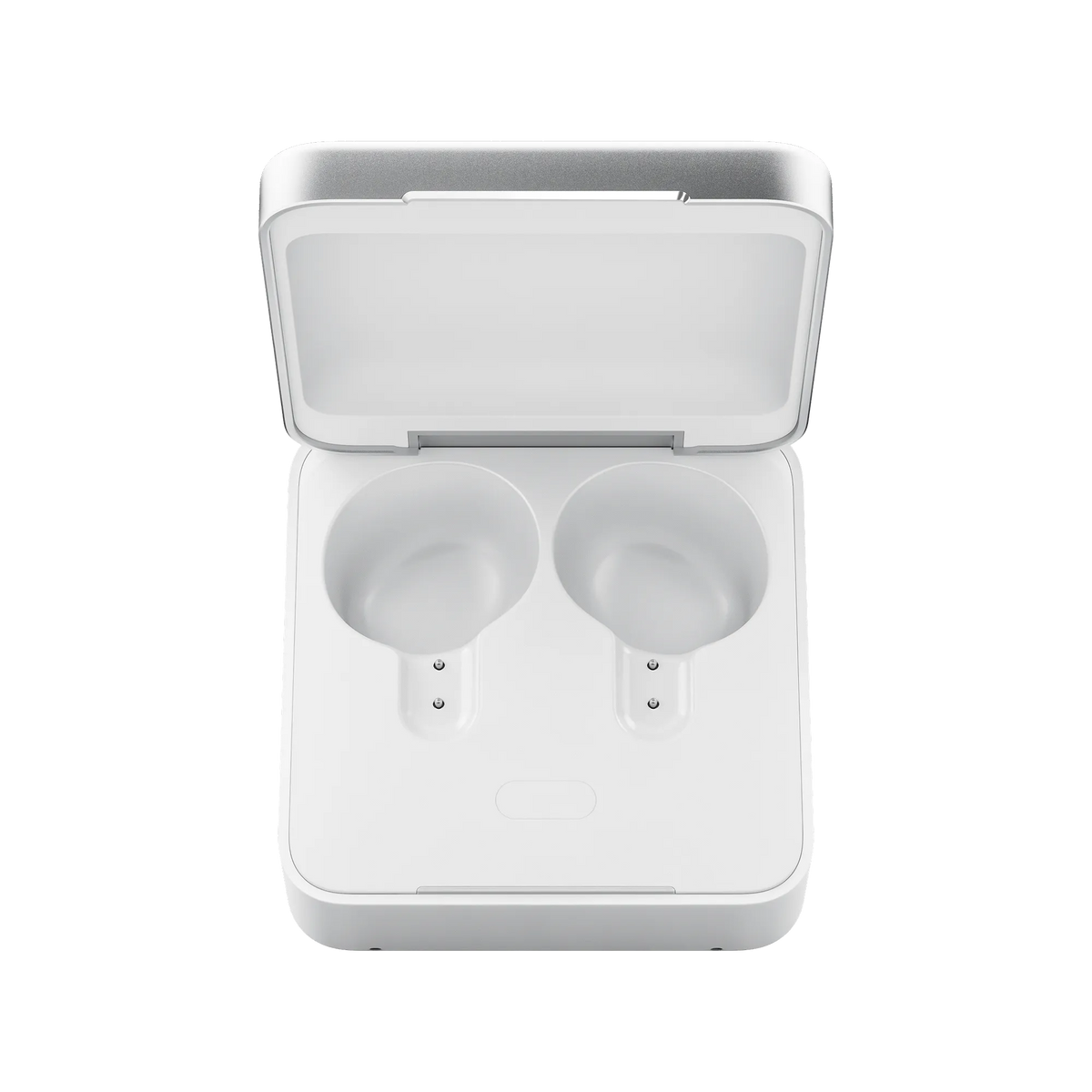 An open Plaud One charging case in white and silver, showing the two empty slots for the earbuds.