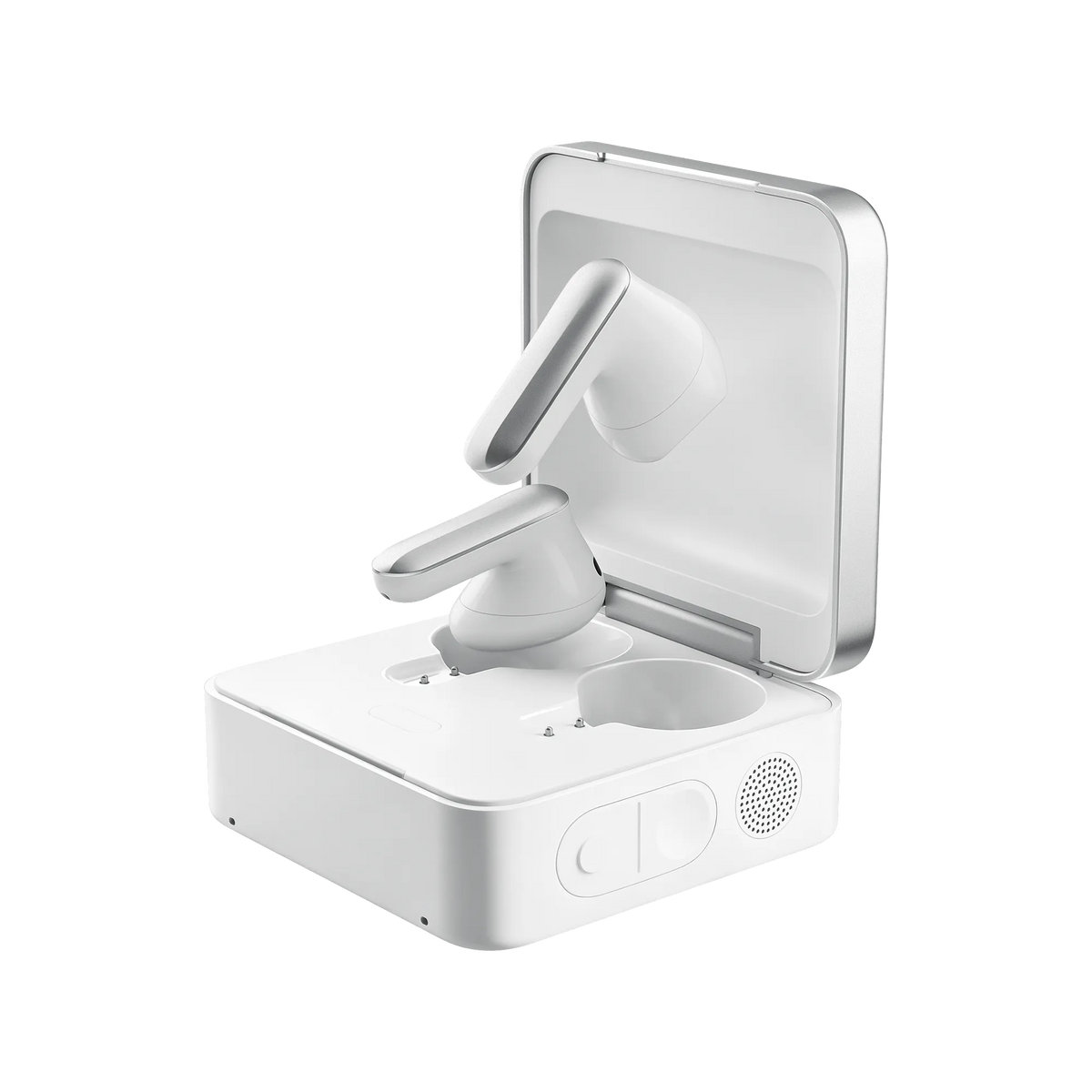 White Plaud One earbuds with silver stems float above an open, squarish white charging case with a silver lid.