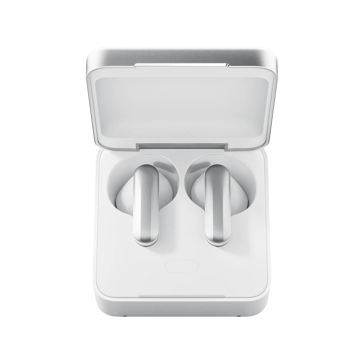 Two white and silver Plaud One earbuds sit inside an open charging case with a white base and silver lid.