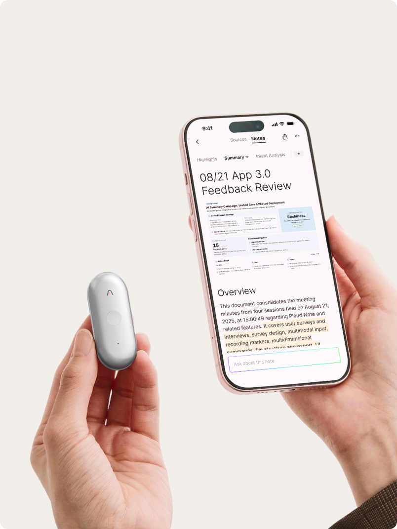 A person holds a silver Plaud NotePin and a smartphone displaying a meeting summary within the Plaud App.