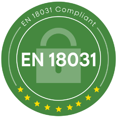 A green circular badge with a padlock icon and text indicating EN 18031 compliance, surrounded by yellow stars.
