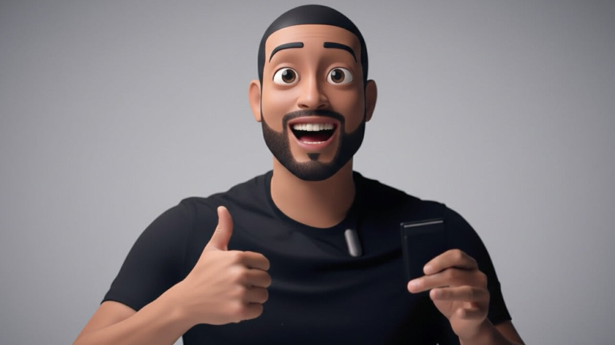 A smiling 3D animated man in a black t-shirt gives a thumbs-up while holding a phone, with a light gray Plaud NotePin clipped