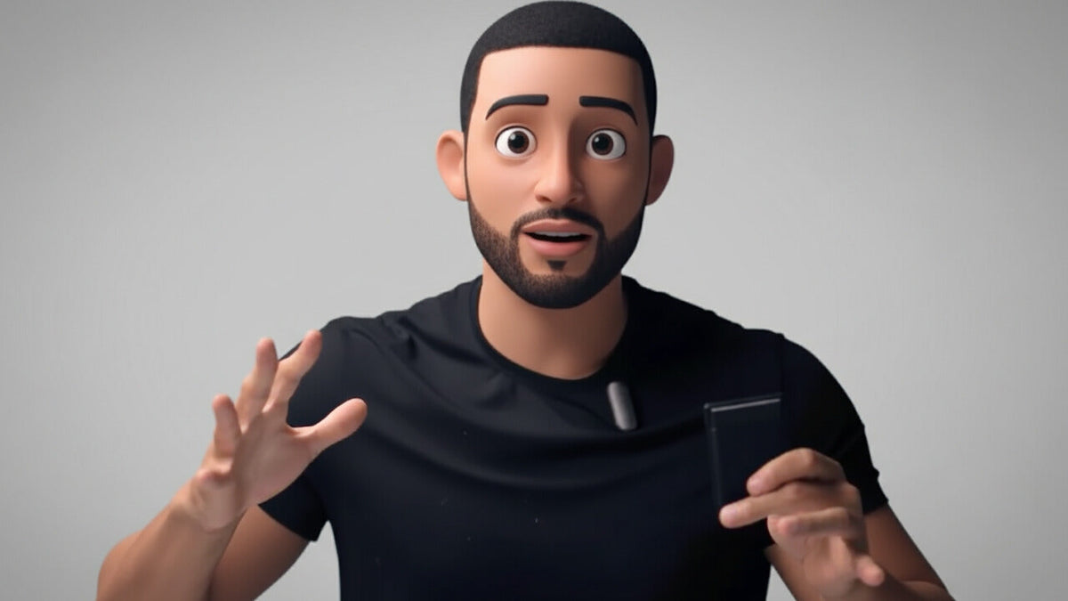 A 3D animated man in a black shirt with wide eyes explains, holding a black Plaud Note Pro and wearing a dark gray Plaud Note