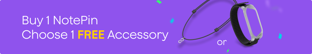 A purple banner promotes "Buy 1 Plaud NotePin, Choose 1 FREE Accessory," showing a black lanyard and a black wristband.