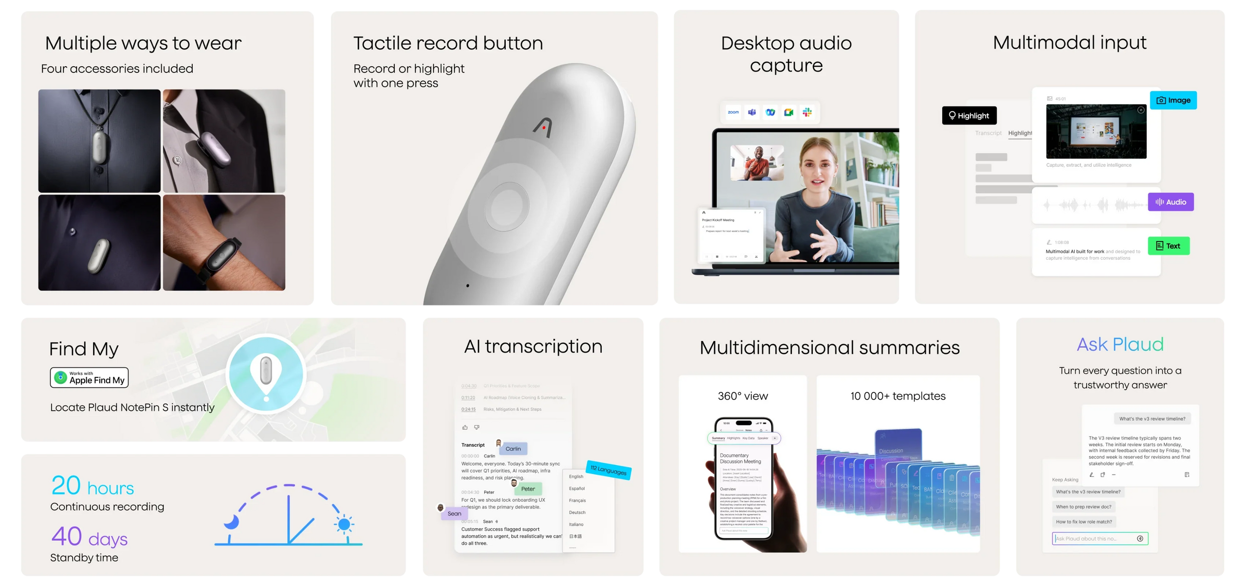 Plaud NotePin S with multiple wear options, physical record button, AI transcription, and AI summaries