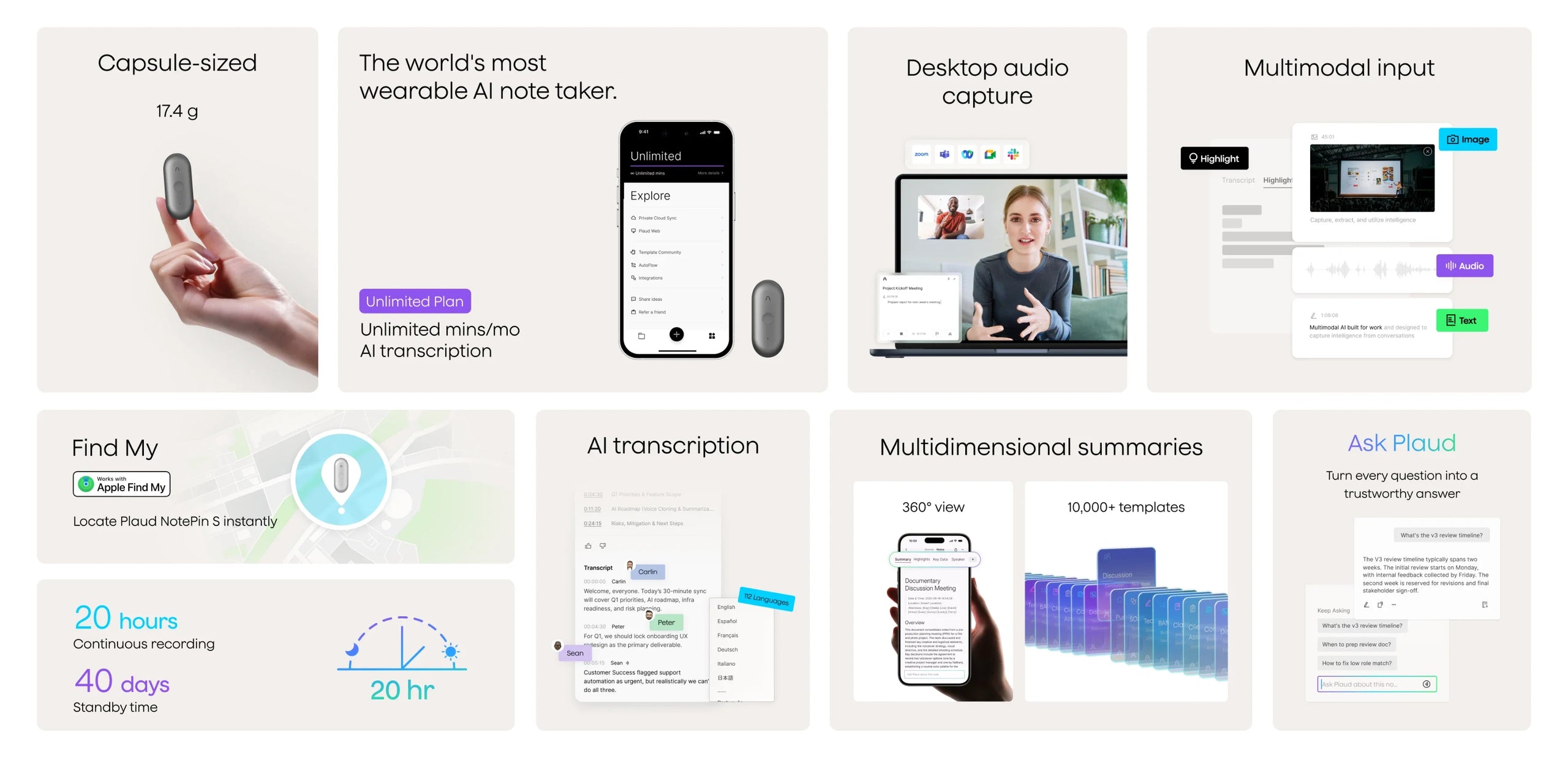 A grid of eight panels showcasing the Plaud NotePin S's features, including its compact size, app interface, desktop audio ca