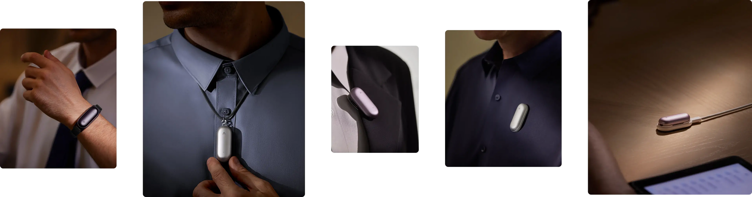 A collage shows a silver Plaud NotePin worn as a necklace, clipped to a shirt and a suit jacket, and charging on a wooden tab