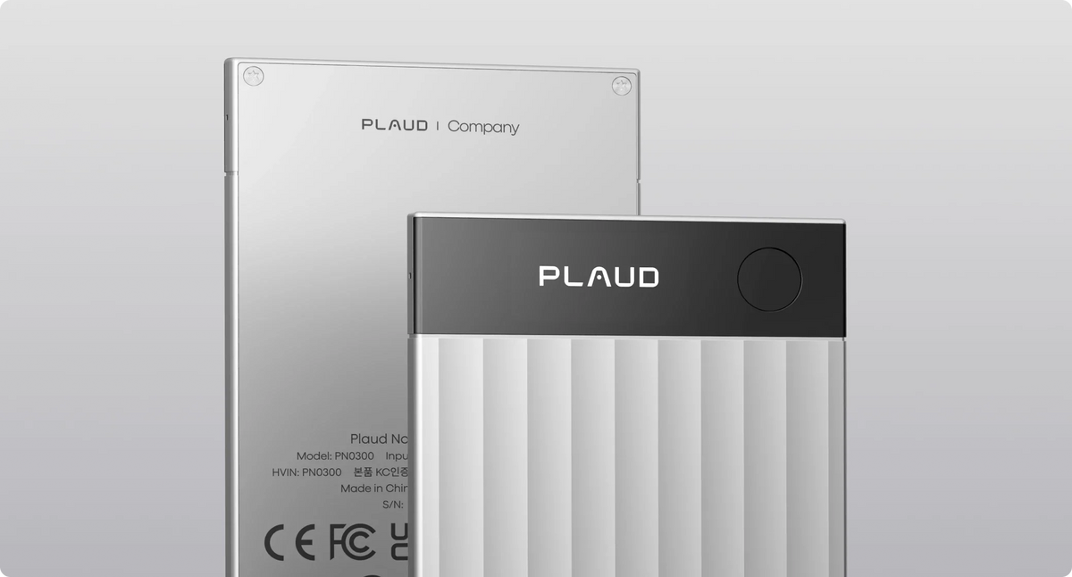 Two silver Plaud Note Pro devices are shown, one displaying its ribbed front with a black screen and the other its detailed b