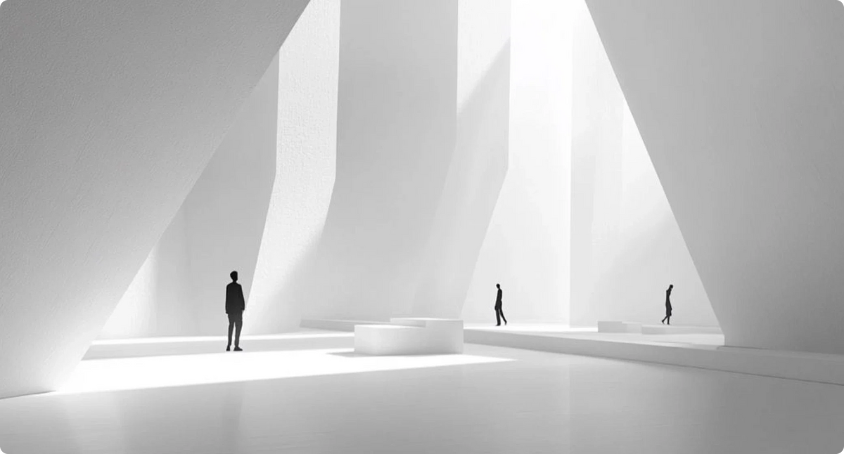 A minimalist, stark white architectural space with curved walls and bright light, featuring four small silhouetted figures wa