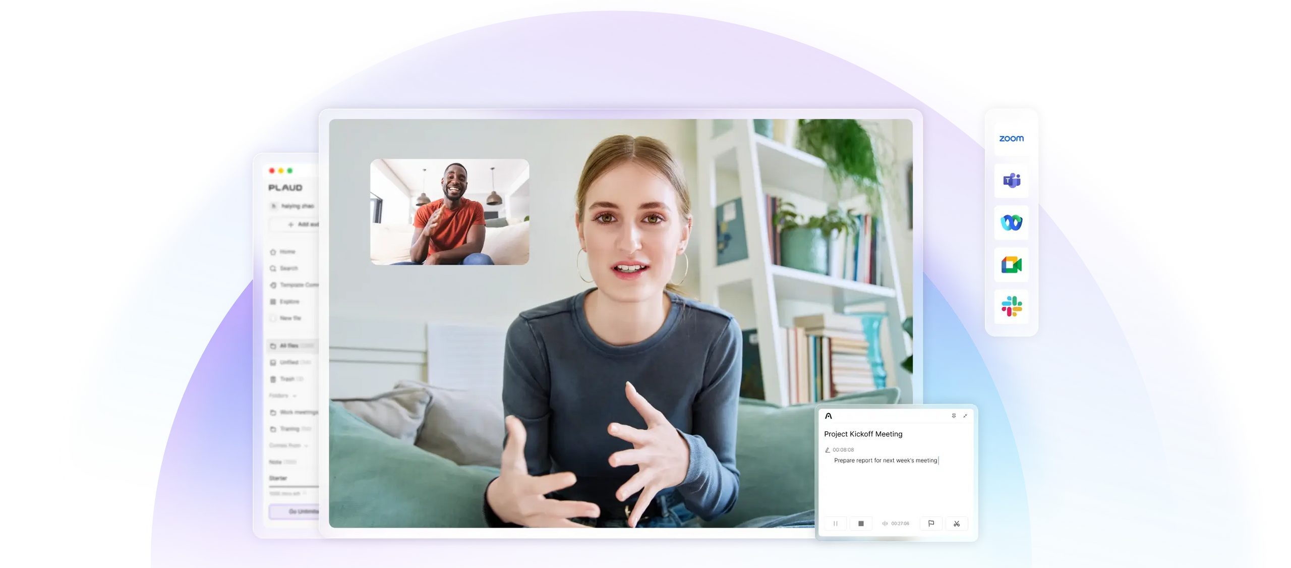 A woman gestures while speaking on a video call, with another participant, the Plaud App interface, and meeting platform icon