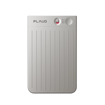 A silver Plaud Note AI voice recorder is shown vertically, featuring a brushed-metal top with a red record dial and ribbed bo