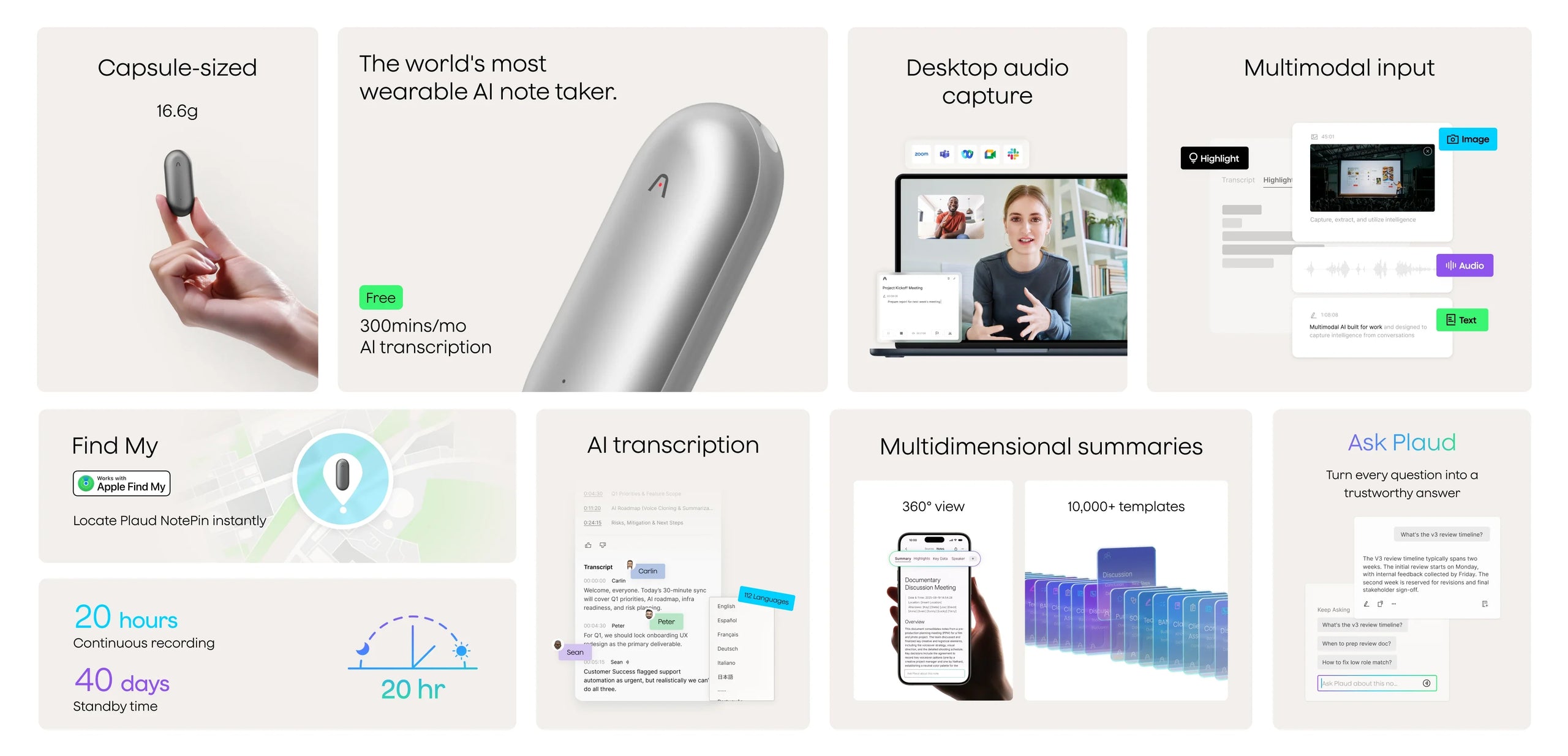 A multi-panel graphic presents the compact Plaud NotePin in dark gray and silver, showcasing its AI transcription and smart r
