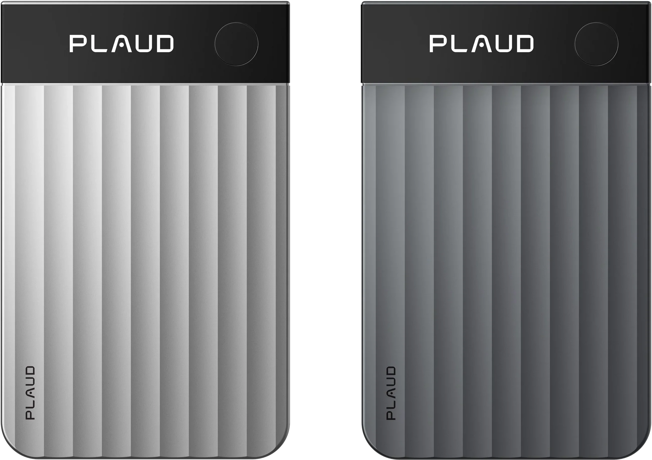 Two Plaud Note Pro devices are displayed side-by-side, one in silver and the other in dark gray, showcasing their ribbed desi
