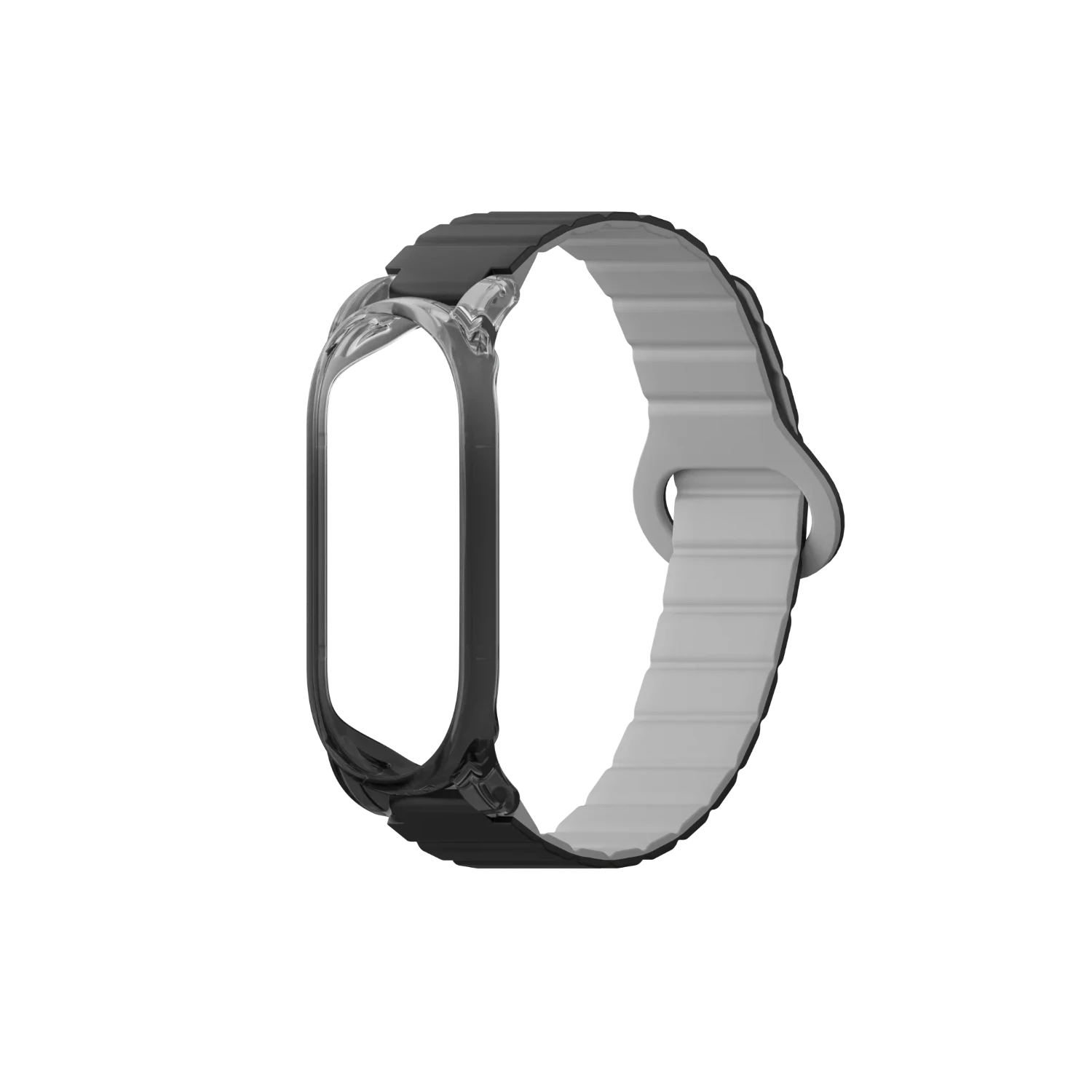A black and light gray ribbed magnetic wristband with a clear U-shaped holder for a Plaud wearable device.