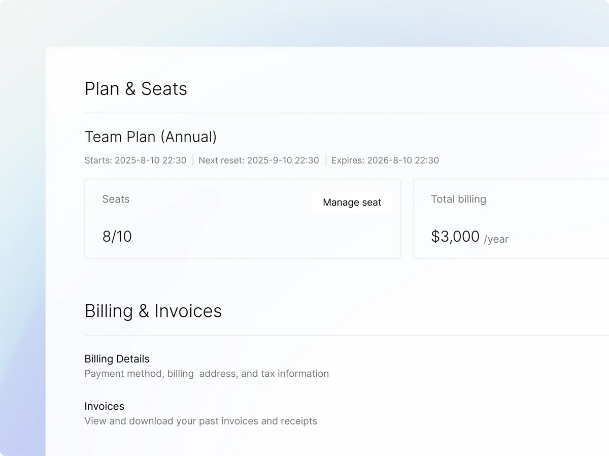 A Plaud account's 'Plan & Seats' and 'Billing & Invoices' UI, displaying team plan details, seat usage (8/10), and $3,000 ann