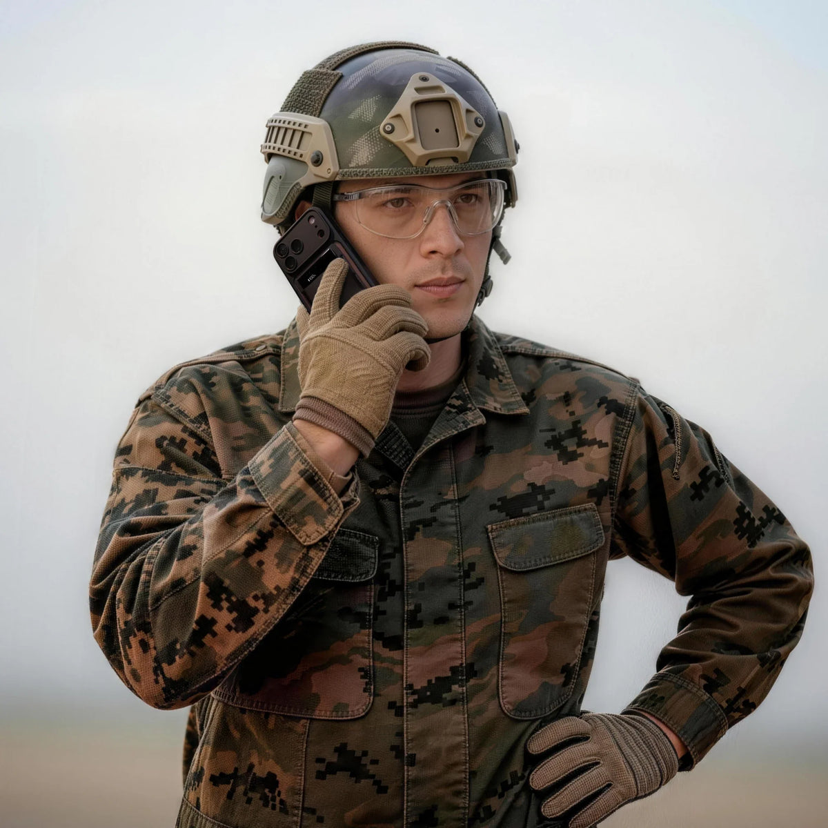 A person in a camouflage uniform and helmet holds a black smartphone with a Plaud Note Pro attached to their ear, listening i