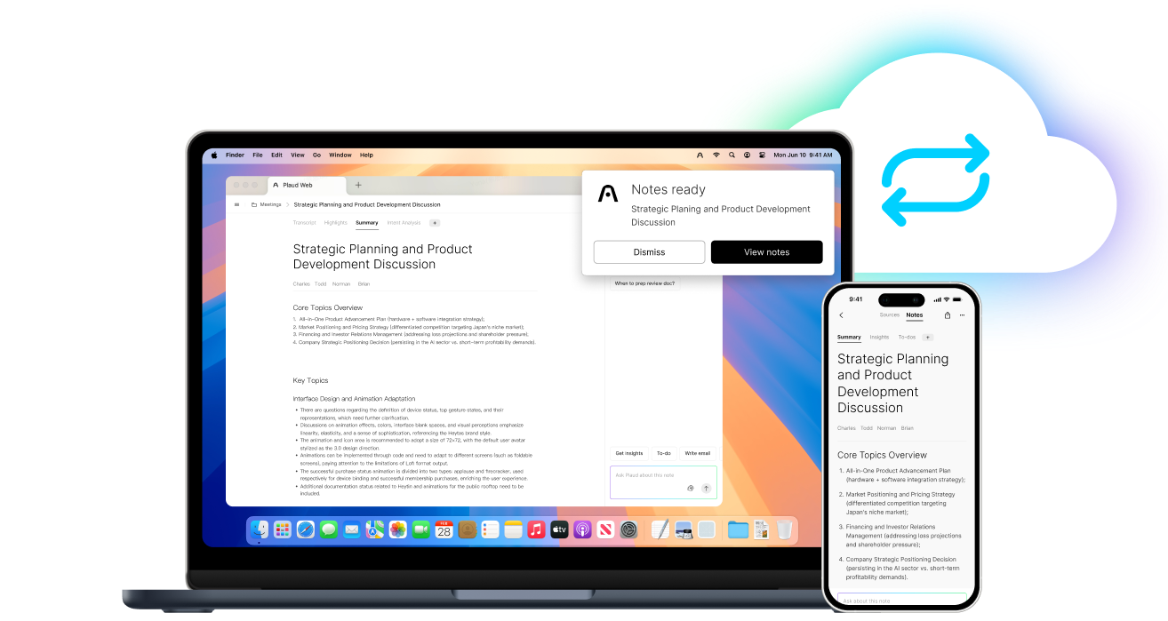 A laptop and smartphone display the Plaud App/Web interface with synchronized notes, highlighted by a cloud and sync arrows.
