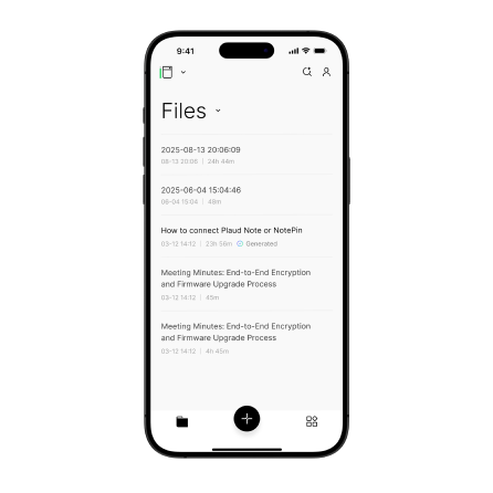 A smartphone screen displays the Plaud App's "Files" section, showing a list of recorded audio files with dates, times, and d