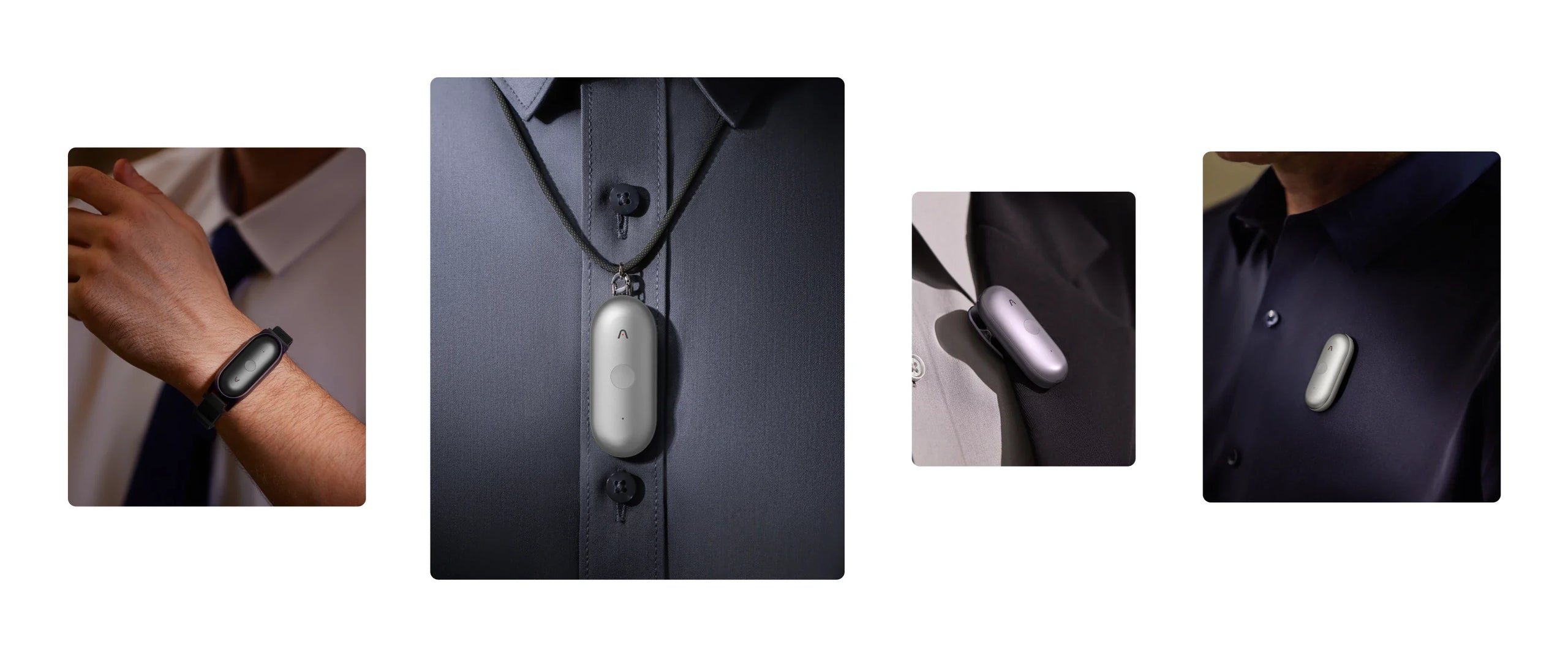 Multiple views show the silver Plaud NotePin S worn as a necklace, clipped to a lapel, and on a dark shirt, highlighting its