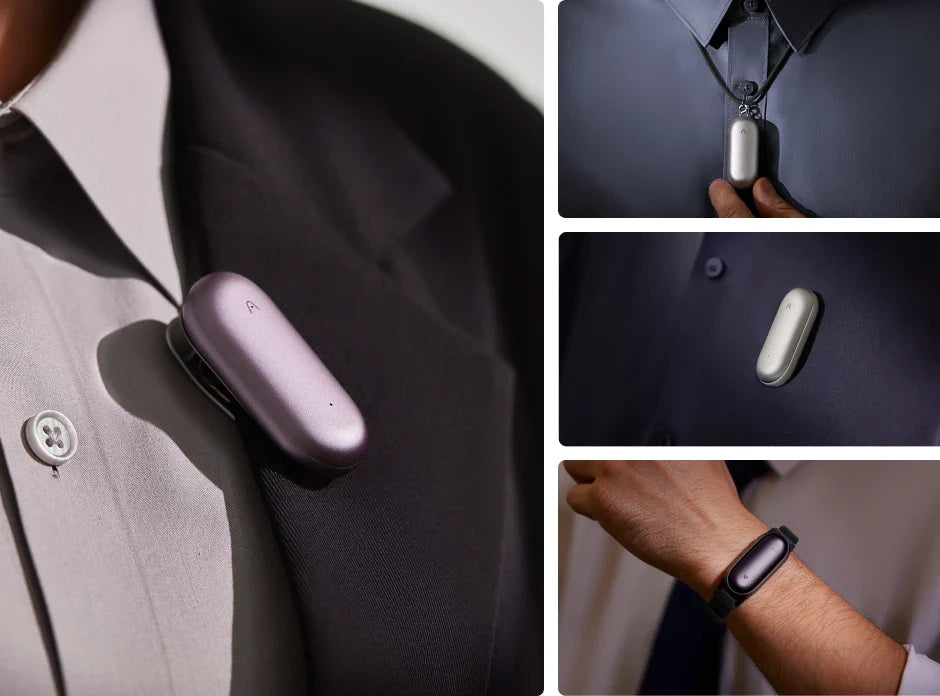 Multiple views show the Plaud NotePin in purple, silver, and black, worn on a shirt, lanyard, lapel, and wristband.